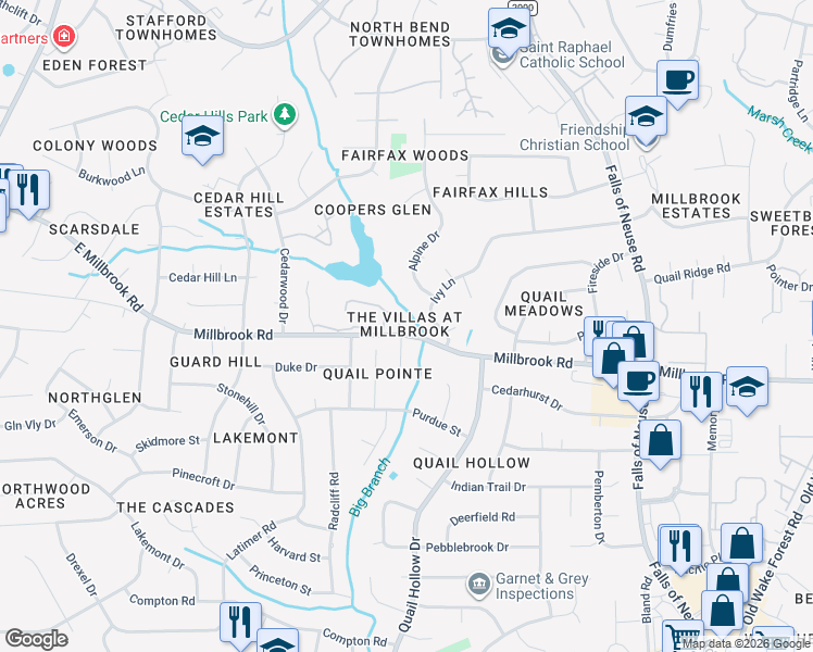 map of restaurants, bars, coffee shops, grocery stores, and more near 5024 Dantree Place in Raleigh