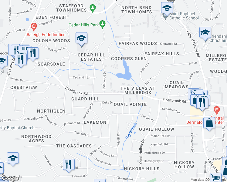 map of restaurants, bars, coffee shops, grocery stores, and more near 620 East Millbrook Road in Raleigh
