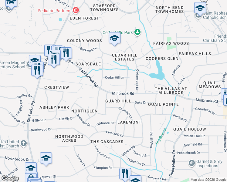 map of restaurants, bars, coffee shops, grocery stores, and more near 4920 Great Meadows Court in Raleigh