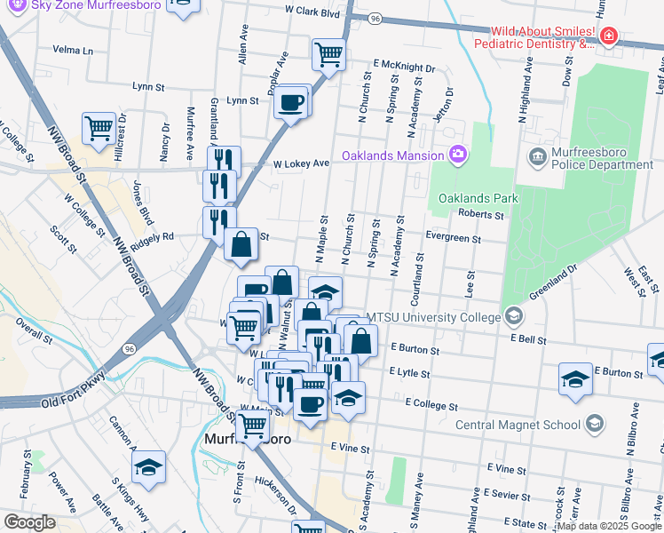 map of restaurants, bars, coffee shops, grocery stores, and more near 127 East Chestnut Street in Murfreesboro