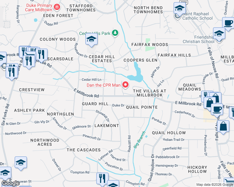 map of restaurants, bars, coffee shops, grocery stores, and more near 528 East Millbrook Road in Raleigh