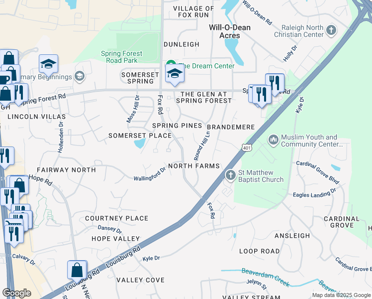 map of restaurants, bars, coffee shops, grocery stores, and more near 4612 Fox Road in Raleigh