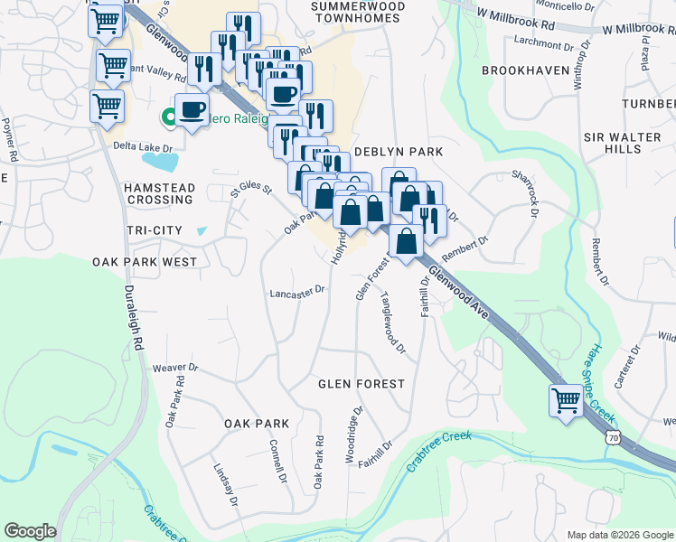 map of restaurants, bars, coffee shops, grocery stores, and more near 5104 Hollyridge Drive in Raleigh