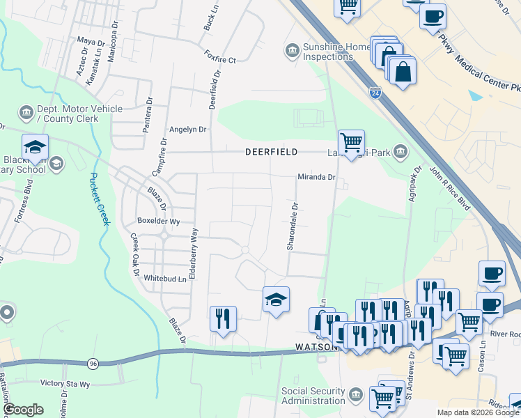 map of restaurants, bars, coffee shops, grocery stores, and more near 444 Edna May Drive in Murfreesboro