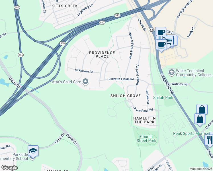 map of restaurants, bars, coffee shops, grocery stores, and more near 1913 Ferntree Court in Morrisville