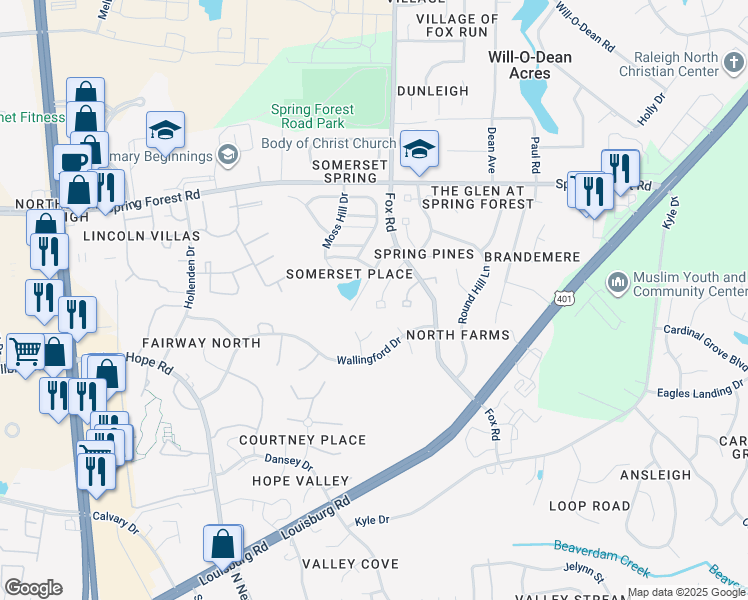 map of restaurants, bars, coffee shops, grocery stores, and more near 5300 Spring Pines Way in Raleigh