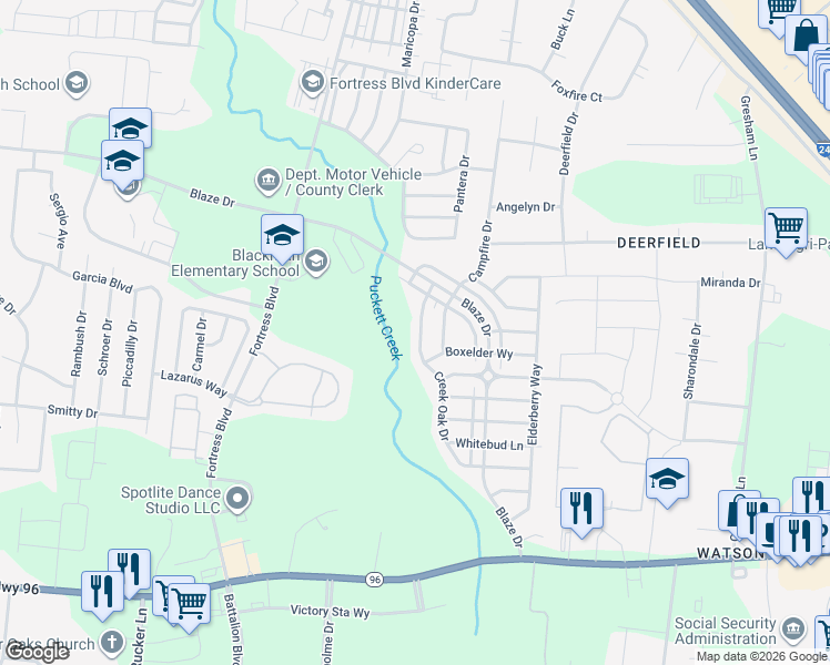map of restaurants, bars, coffee shops, grocery stores, and more near 829 Creek Oak Drive in Murfreesboro