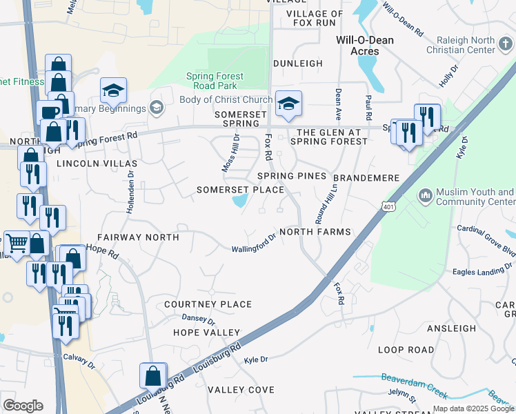 map of restaurants, bars, coffee shops, grocery stores, and more near 5300 Spring Pines Way in Raleigh