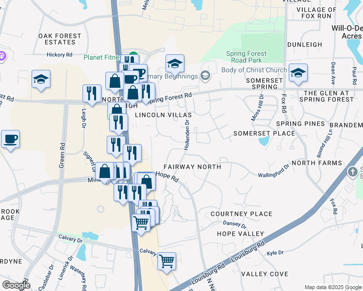 map of restaurants, bars, coffee shops, grocery stores, and more near 4801 Avenida Del Sol Drive in Raleigh