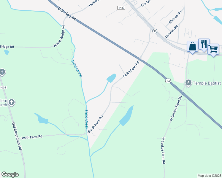 map of restaurants, bars, coffee shops, grocery stores, and more near Smith Farm Road in Alexander County