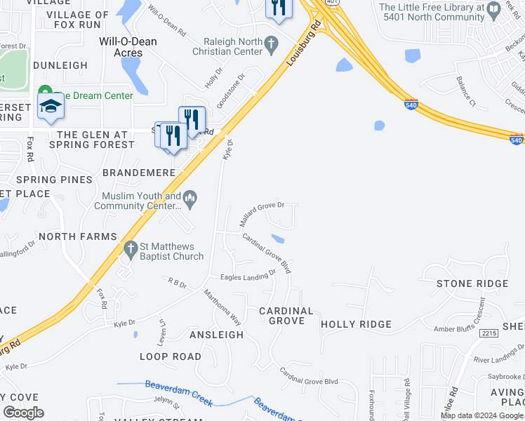 map of restaurants, bars, coffee shops, grocery stores, and more near 5238 Mallard Grove Drive in Raleigh