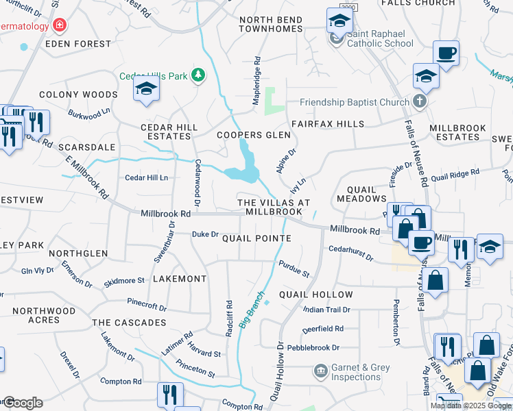 map of restaurants, bars, coffee shops, grocery stores, and more near 5007 Tall Pines Court in Raleigh