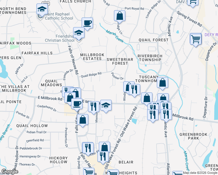 map of restaurants, bars, coffee shops, grocery stores, and more near 1519 East Millbrook Road in Raleigh