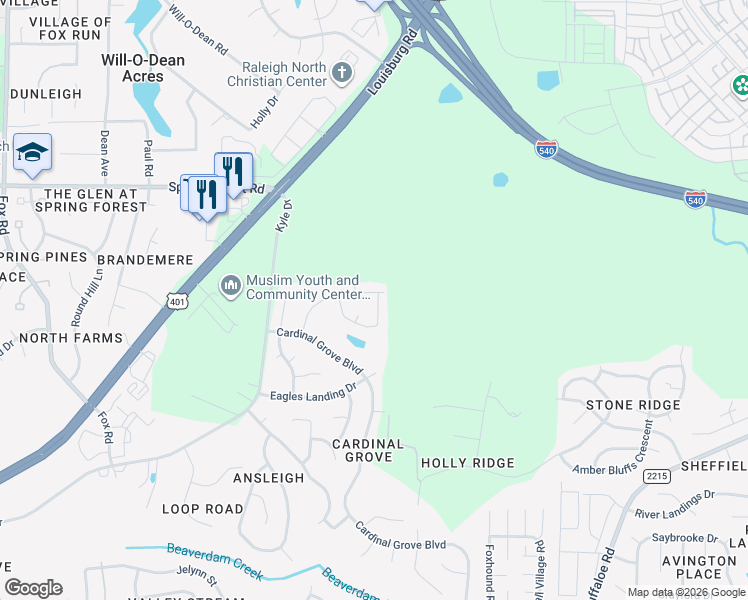 map of restaurants, bars, coffee shops, grocery stores, and more near 5516 Scenic Brook Lane in Raleigh