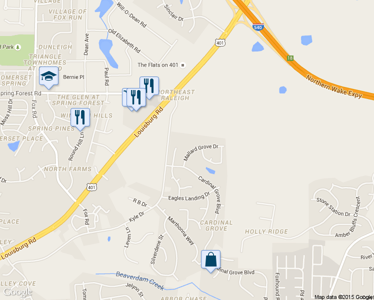 map of restaurants, bars, coffee shops, grocery stores, and more near 5208 Mallard Grove Drive in Raleigh