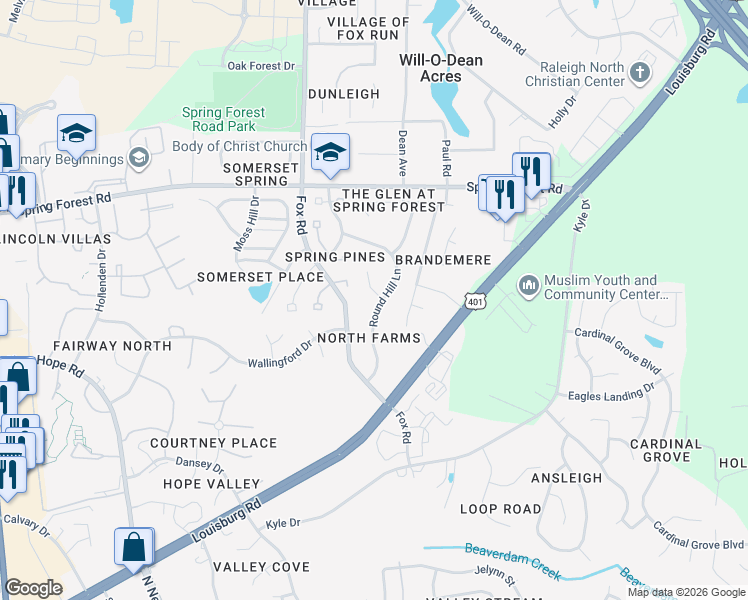 map of restaurants, bars, coffee shops, grocery stores, and more near 5309 Round Hill Lane in Raleigh