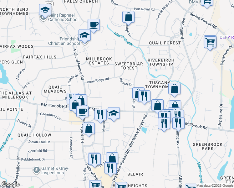 map of restaurants, bars, coffee shops, grocery stores, and more near 1519 East Millbrook Road in Raleigh