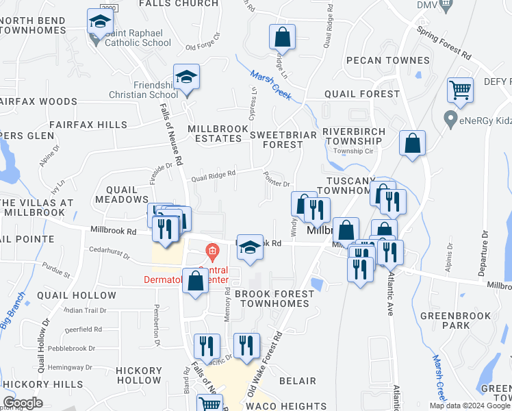 map of restaurants, bars, coffee shops, grocery stores, and more near 1519 East Millbrook Road in Raleigh