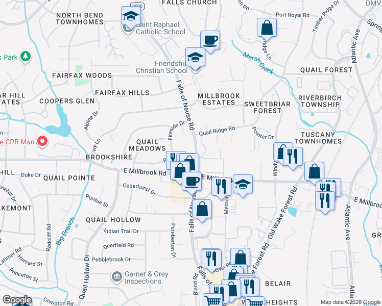 map of restaurants, bars, coffee shops, grocery stores, and more near 5111 Falls of Neuse Road in Raleigh