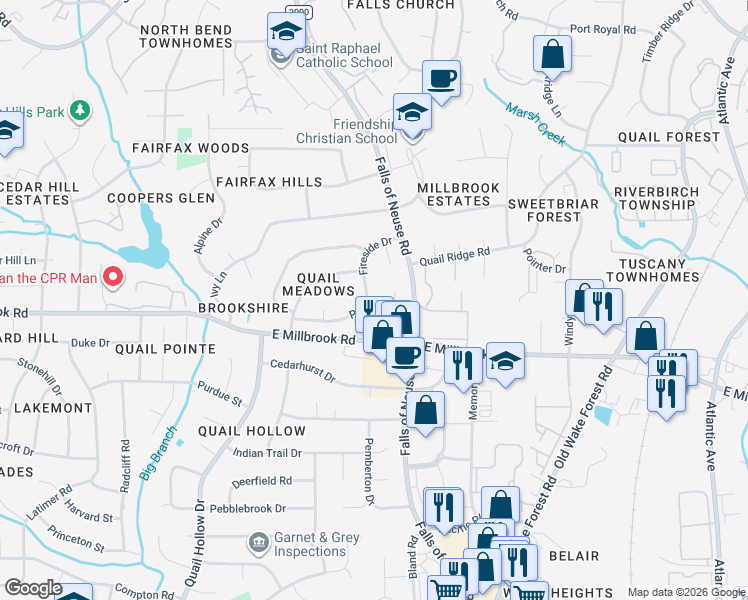 map of restaurants, bars, coffee shops, grocery stores, and more near 1206 Paddock Drive in Raleigh