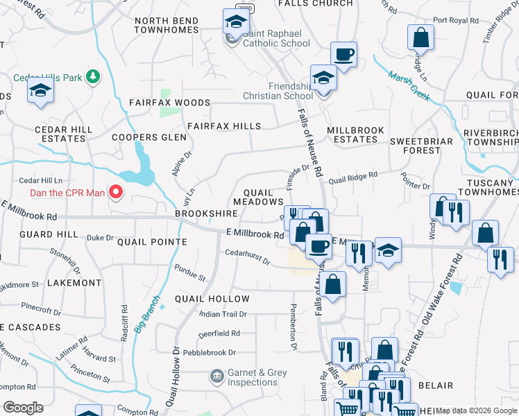 map of restaurants, bars, coffee shops, grocery stores, and more near 1101 Paddock Drive in Raleigh