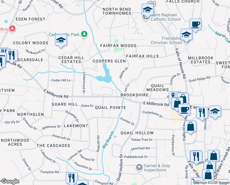 map of restaurants, bars, coffee shops, grocery stores, and more near 5024 Dantree Place in Raleigh
