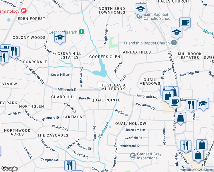 map of restaurants, bars, coffee shops, grocery stores, and more near 707 East Millbrook Road in Raleigh