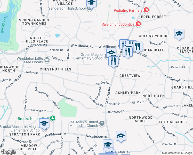 map of restaurants, bars, coffee shops, grocery stores, and more near 662 Shelley Road in Raleigh