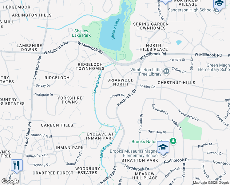map of restaurants, bars, coffee shops, grocery stores, and more near 5410 Thayer Drive in Raleigh