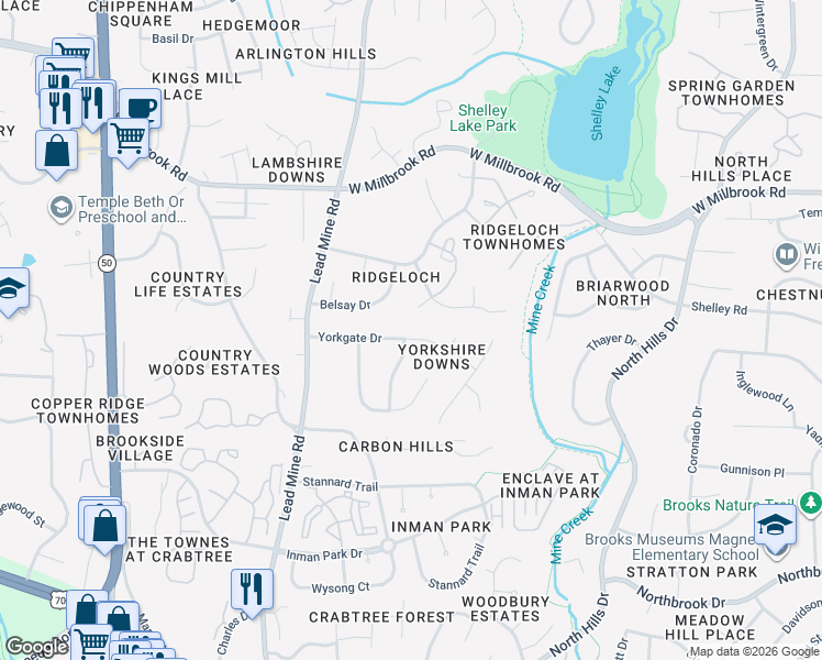 map of restaurants, bars, coffee shops, grocery stores, and more near 2101 Yorkgate Drive in Raleigh