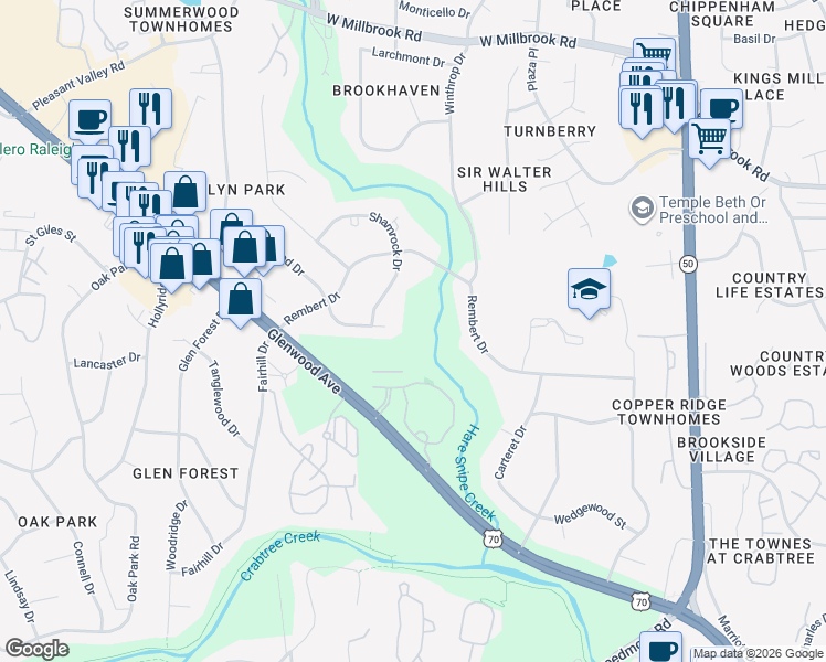 map of restaurants, bars, coffee shops, grocery stores, and more near 3400 Fernwood Drive in Raleigh