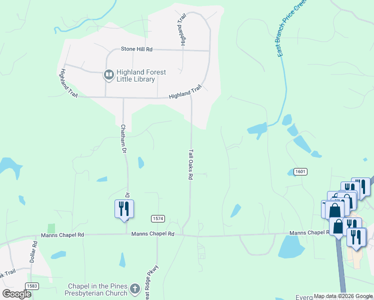 map of restaurants, bars, coffee shops, grocery stores, and more near 361 Tall Oaks Road in Chapel Hill