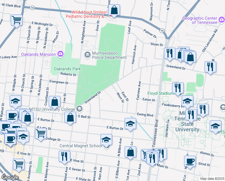 map of restaurants, bars, coffee shops, grocery stores, and more near 722 Givan Court in Murfreesboro