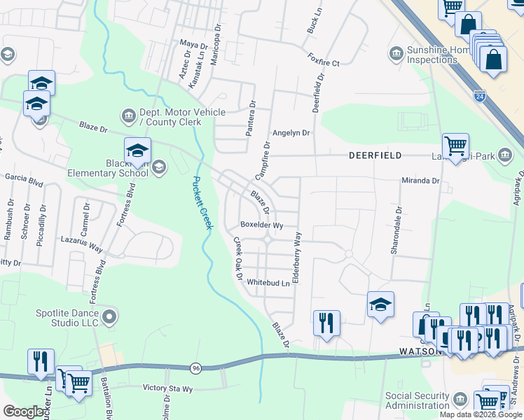 map of restaurants, bars, coffee shops, grocery stores, and more near 3607 Blaze Drive in Murfreesboro