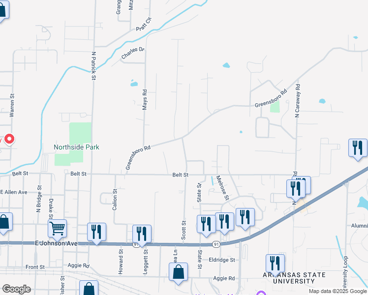 map of restaurants, bars, coffee shops, grocery stores, and more near 701 Scott Street in Jonesboro