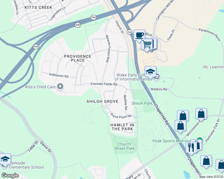 map of restaurants, bars, coffee shops, grocery stores, and more near 1100 Denmark Manor Drive in Morrisville