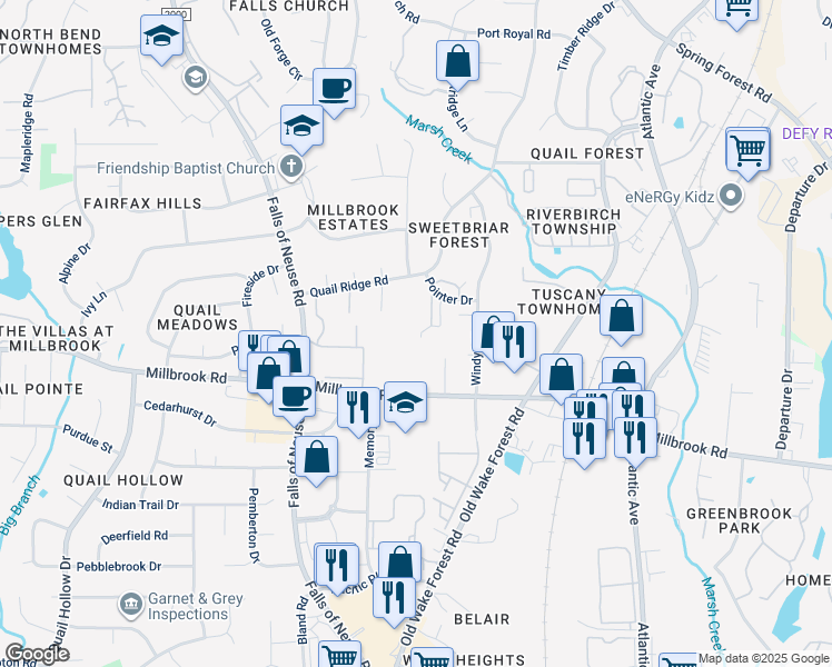 map of restaurants, bars, coffee shops, grocery stores, and more near 5825 Pointer Drive in Raleigh
