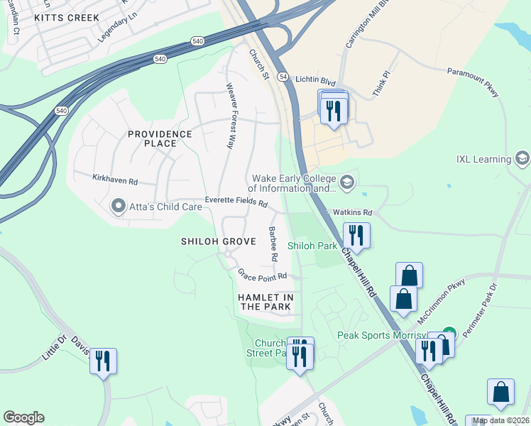 map of restaurants, bars, coffee shops, grocery stores, and more near 113 Barbee Road in Morrisville
