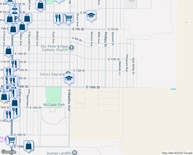 map of restaurants, bars, coffee shops, grocery stores, and more near 1309 Morton Avenue in Dumas