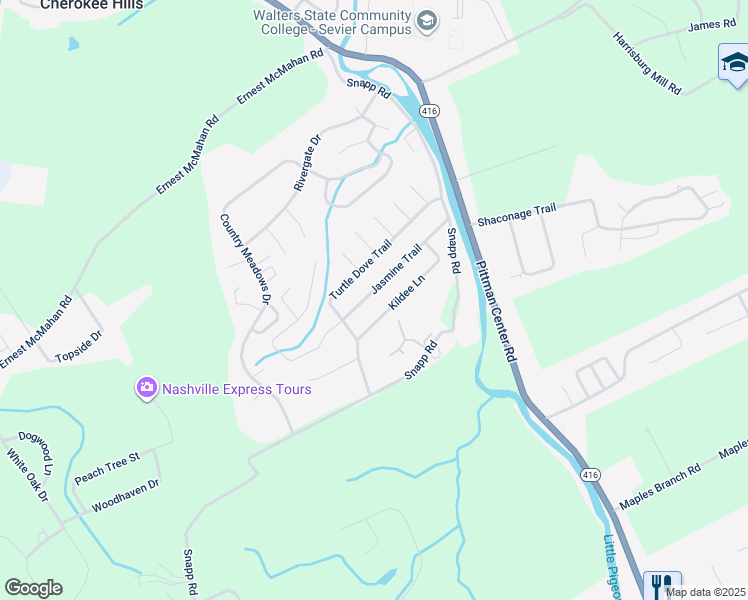 map of restaurants, bars, coffee shops, grocery stores, and more near 1507 Kildee Lane in Sevierville