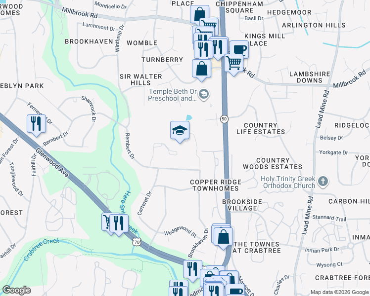 map of restaurants, bars, coffee shops, grocery stores, and more near 5201 Brookhaven Drive in Raleigh