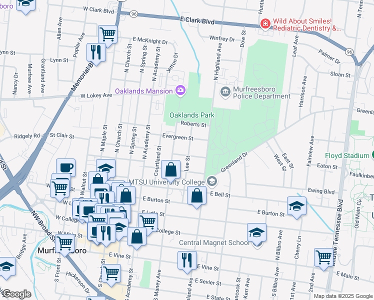 map of restaurants, bars, coffee shops, grocery stores, and more near 711 Lee Street in Murfreesboro
