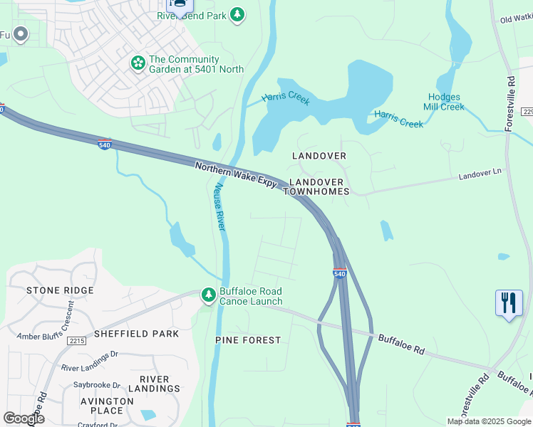 map of restaurants, bars, coffee shops, grocery stores, and more near 6900 Woodland Stream Place in Raleigh