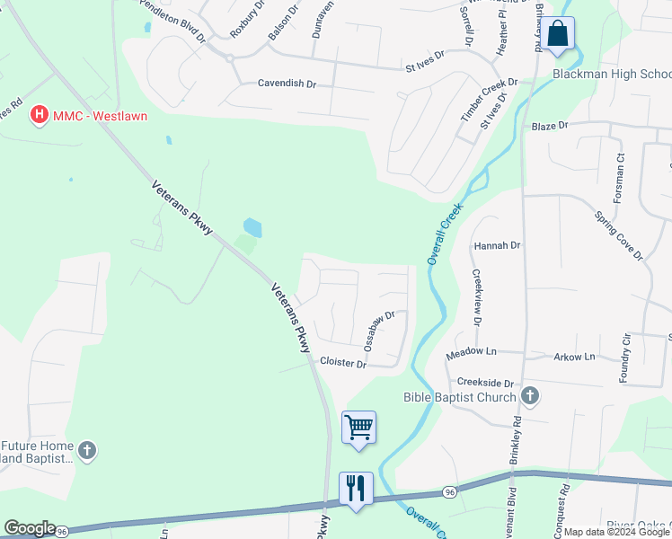 map of restaurants, bars, coffee shops, grocery stores, and more near Tony Lama Lane in Murfreesboro