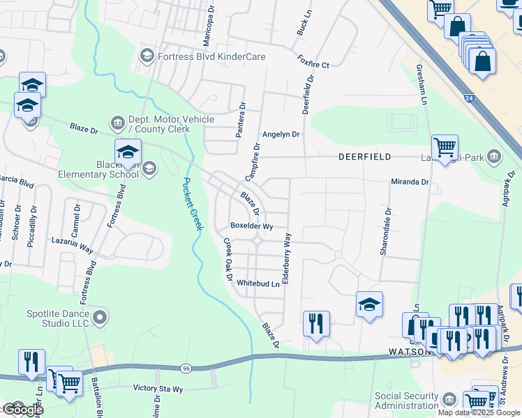 map of restaurants, bars, coffee shops, grocery stores, and more near 3607 Blaze Drive in Murfreesboro