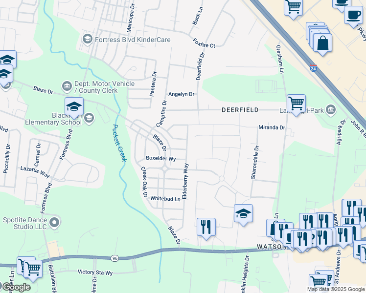 map of restaurants, bars, coffee shops, grocery stores, and more near 3412 Box Elder Way in Murfreesboro