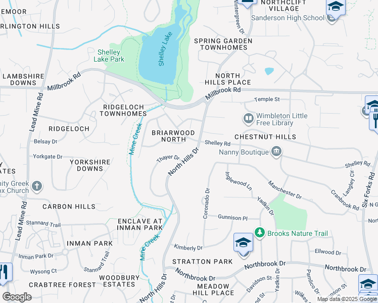 map of restaurants, bars, coffee shops, grocery stores, and more near 5513 North Hills Drive in Raleigh