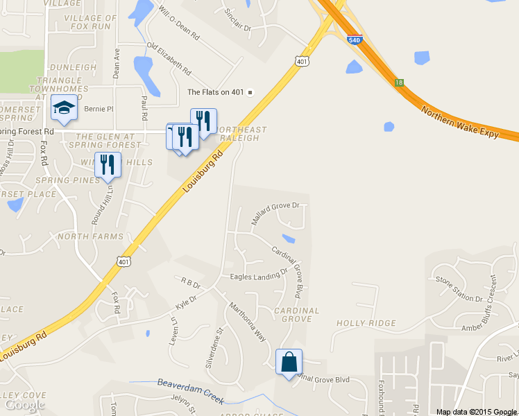 map of restaurants, bars, coffee shops, grocery stores, and more near 5208 Mallard Grove Drive in Raleigh