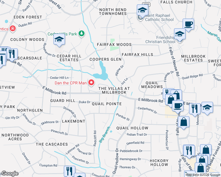 map of restaurants, bars, coffee shops, grocery stores, and more near 5024 Dantree Place in Raleigh