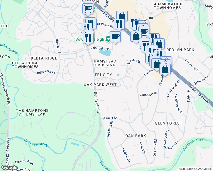 map of restaurants, bars, coffee shops, grocery stores, and more near 5518 Sharpe Drive in Raleigh